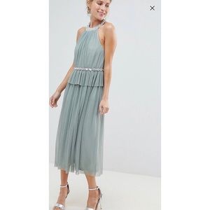 Embellished neck tulle midi dress